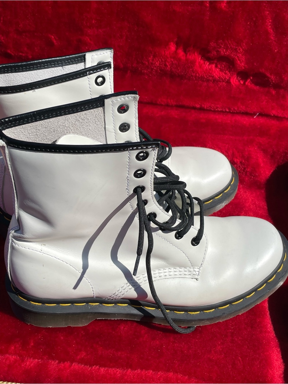 Dr. Martens White Leather Lace-Up Boots with Yellow Stitching